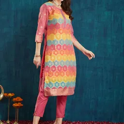 RAJGRANTH Women Regular Thread Work Chanderi Silk Kurti with Trousers & With Dupatta image 5