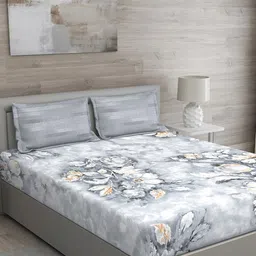 GM Grey Floral 144 TC Cotton 1 Super Queen Bedsheet with 2 Pillow Covers-image-53