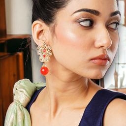 Anouk Gold-Plated & Red Stone Studded & Beaded Dome Shaped Drop Earrings-19