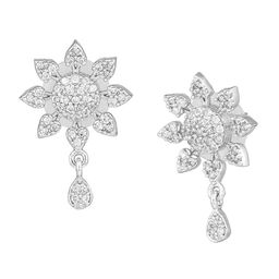 Estele Rhodium Plated Cubic Zirconia Studded Floral Drop Earrings image 5