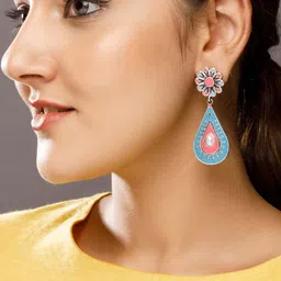Rubans Women Silver-Toned & Blue Floral Drop Earrings-image-29