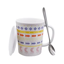Kookee White & Red Geometric Printed Ceramic Glossy Mug With Lid And Handle & Spoon 300 ml image 2