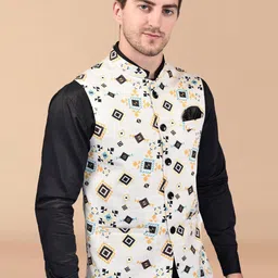PRINTCULTR Geometric Printed Mandarin Collar Nehru Jacket image 4