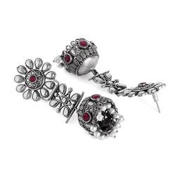 Rubans Silver-Toned & Maroon Dome Shaped Jhumkas Earrings image 4