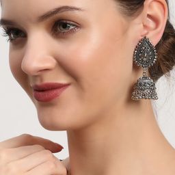 Anouk Silver-Plated Dome Shaped Silver-Toned Jhumkas Earrings-59