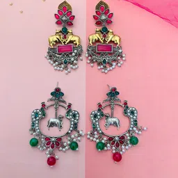 ABDESIGNS Set Of 2 Silver-Plated Stone-Studded & Beaded Classic Drop Earrings image 3