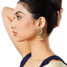 Anouk Gold-Plated & Green Artificial Beads Dome Shaped Jhumkas Earrings-36