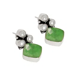 TEEJH Silver-Toned & Green Contemporary Drop Earrings image 2