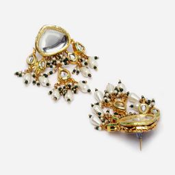 DUGRISTYLE Gold Plated Contemporary Kundan Studded & Beaded Drop Earrings image 3