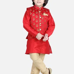 BownBee Boys Red Layered Kurta with Pyjamas image 3