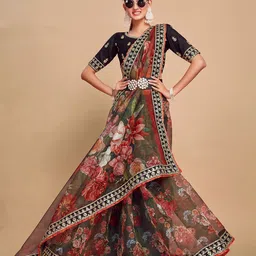 Sangria Floral Printed Sequinned Organza Saree-picture-22
