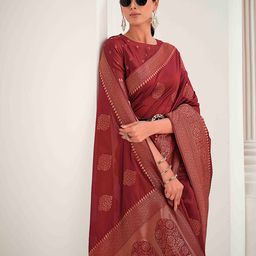 Sangria Maroon & Gold-Toned Ethnic Motifs Woven Design Zari Saree-image-10