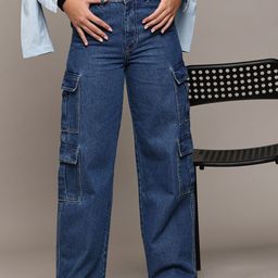 The Roadster Lifestyle Co. Blue Women Original Wide-Leg Acid Wash Pure Cotton Cargo Jeans-picture-4