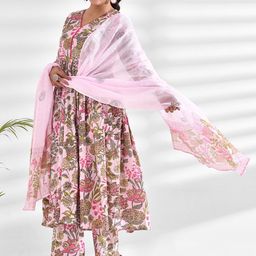 mokshi Floral Printed V-Neck Anarkali Kurta With Palazzos & Dupatta image 4