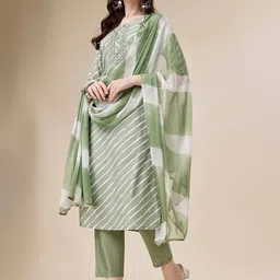 KALINI Leheriya Printed Regular Mirror Work Pure Silk Kurta With Trousers & Dupatta image 3