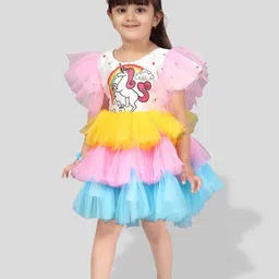 BAESD Girls Unicorn Printed Flutter Sleeve Layered Net Fit & Flare Dress image 4