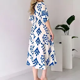 MANOJAVA Cotton Printed Fit & Flare Midi Dress image 5