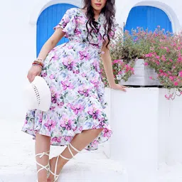Sera White & Lavender Floral Printed Ruffled Flutter Sleeve Wrap Midi Dress image 2
