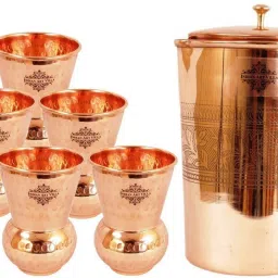 Copper Set of 1 Embossed Designer Jug Pitcher 1750 ML with 6 Hammered Glass 375 ML each - Storage Drinking Water Serveware Jug Glass Set-image-9