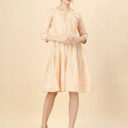 Women Fit and Flare Yellow, White Knee Length Dress-image-47