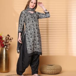 Readymade Off White & Grey Cotton Blend Printed Patiala Salwar Suit Printed Kurta, Patiala & Dupatta Set-image-5