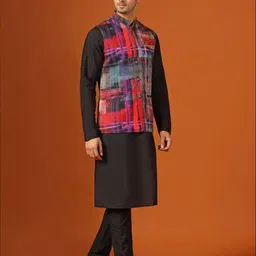 KISAH Men Black Regular Kurta With Trouser & Printed Nehru Jacket image 2