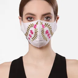 Anekaant Women White & Pink Embroidered 3-Ply Reusable Cotton Cloth Mask-18