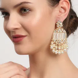 Jazz and Sizzle Women White  Kundan Pearl Oval Drop Earrings image 3
