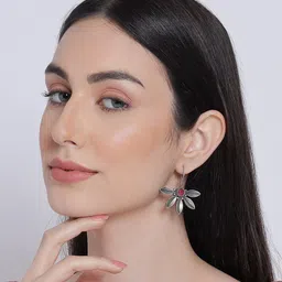 Sangria Silver-Plated Stone Studded Oxidized Floral Drop Earrings-image-95