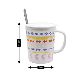 Kookee White & Red Geometric Printed Ceramic Glossy Mug With Lid And Handle & Spoon 300 ml image 4