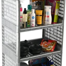 Multipurpose 4-Shelf Storage Trolley Rack with Wheels|Gray Plastic Kitchen Trolley-97
