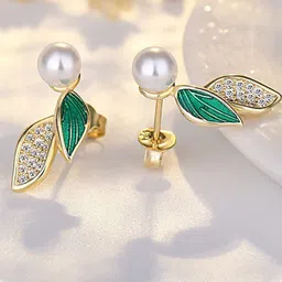FIMBUL Gold Plated Pearl Beaded Leaf Shaped Stud Earrings image 2