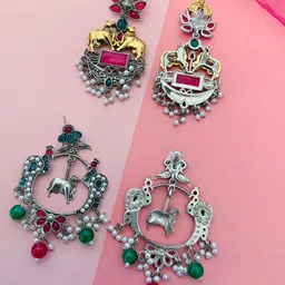 ABDESIGNS Set Of 2 Silver-Plated Stone-Studded & Beaded Classic Drop Earrings image 4