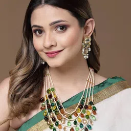 DUGRISTYLE Gold Plated Contemporary Kundan Studded & Beaded Drop Earrings image 4