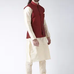 DEYANN Men Red Dupion Silk Kurta with Pyjamas & Nehru Jacket image 2