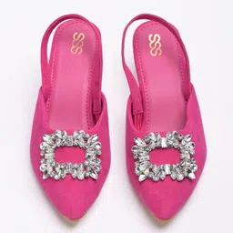 Street Style Store Embellished Pointed Toe Block Mules With Backstrap image 3