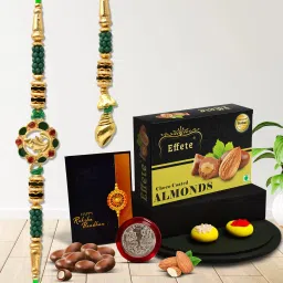 Bhaiya Bhabhi Rakhi Combo with Chocolate Almond(32gm)|Rakhi for Bhaiya/Bhabhi |K1_457_CA32_Y24 Assorted Rakhi, Chawal Roli Pack, Coins, Greeting Card Set-image-20