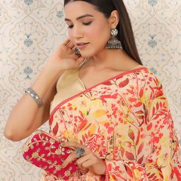 Ode by House of Pataudi Off White & Red Floral Printed Saree-image-64