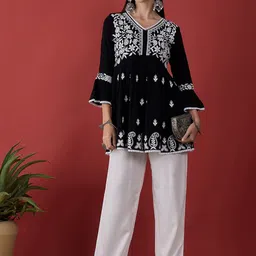Anouk Ethnic Motifs Embroidered Bell Sleeves Chikankari Kurti-image-54