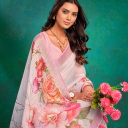 Sangria Floral Printed Linen Saree-27