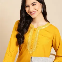 SHOWOFF Women Mustard Yellow Mirror Work Kurta-image-26