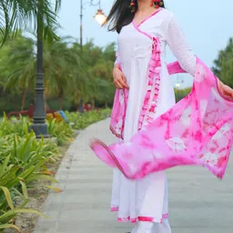 Thread & Button Women White Angrakha Kurta with Trousers & With Dupatta image 5