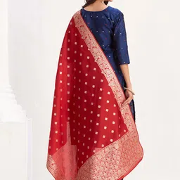 Sangria Geometric Woven Design Straight Kurta & Trousers With Dupatta image 5