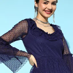 Athena Navy Blue Self Design Dobby Net A-Line Dress image 5