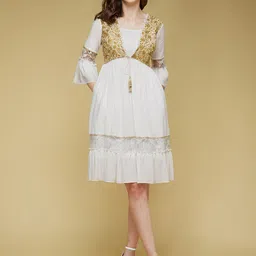 DressBerry Off-White Floral Embroidered A-Line Dress-17