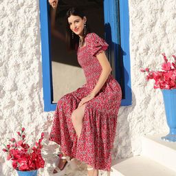 Sera Square Neck Floral Printed Smocked Front Slit Midi Fit and Flare Dress-image-64