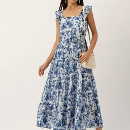 DressBerry Floral Printed Square Neck Ruffled Tiered Georgette Maxi Fit & Flare Dress-image-76