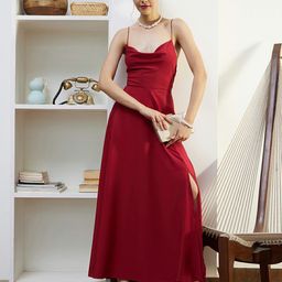 Berrylush Red Cowl Neck Shoulder Straps Lace Up Maxi Dress-picture-24