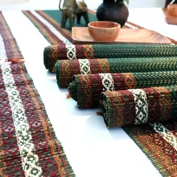 Peepul Tree 4-Pcs Green & Brown Woven Table Mats with Table Runner image 2