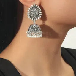 OOMPH Silver-Toned Dome Shaped Jhumkas Earrings-18